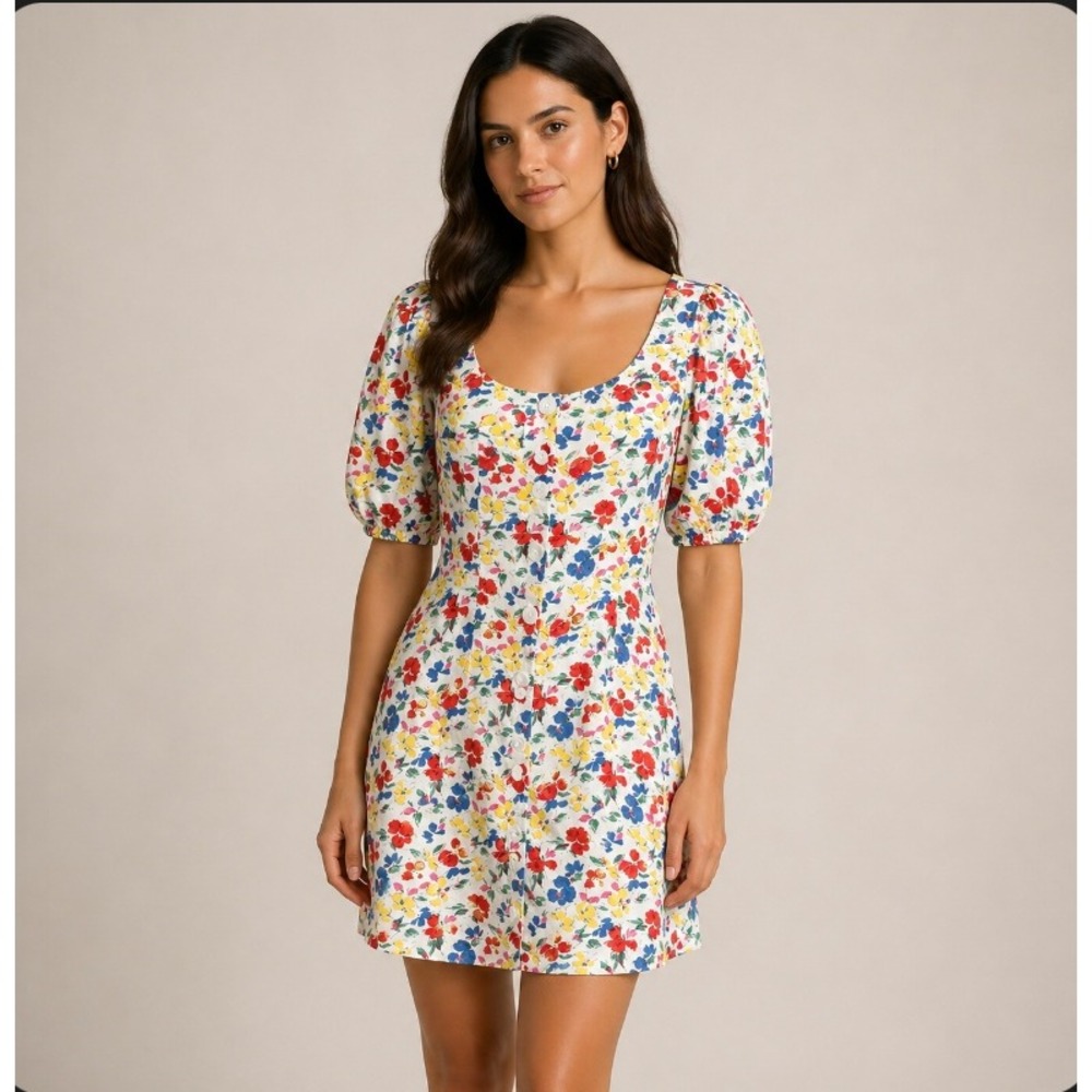 RIXO X Target Mini Dress 6 Multicolor Floral Linen Blend Puff Sleeve Cottagecore
